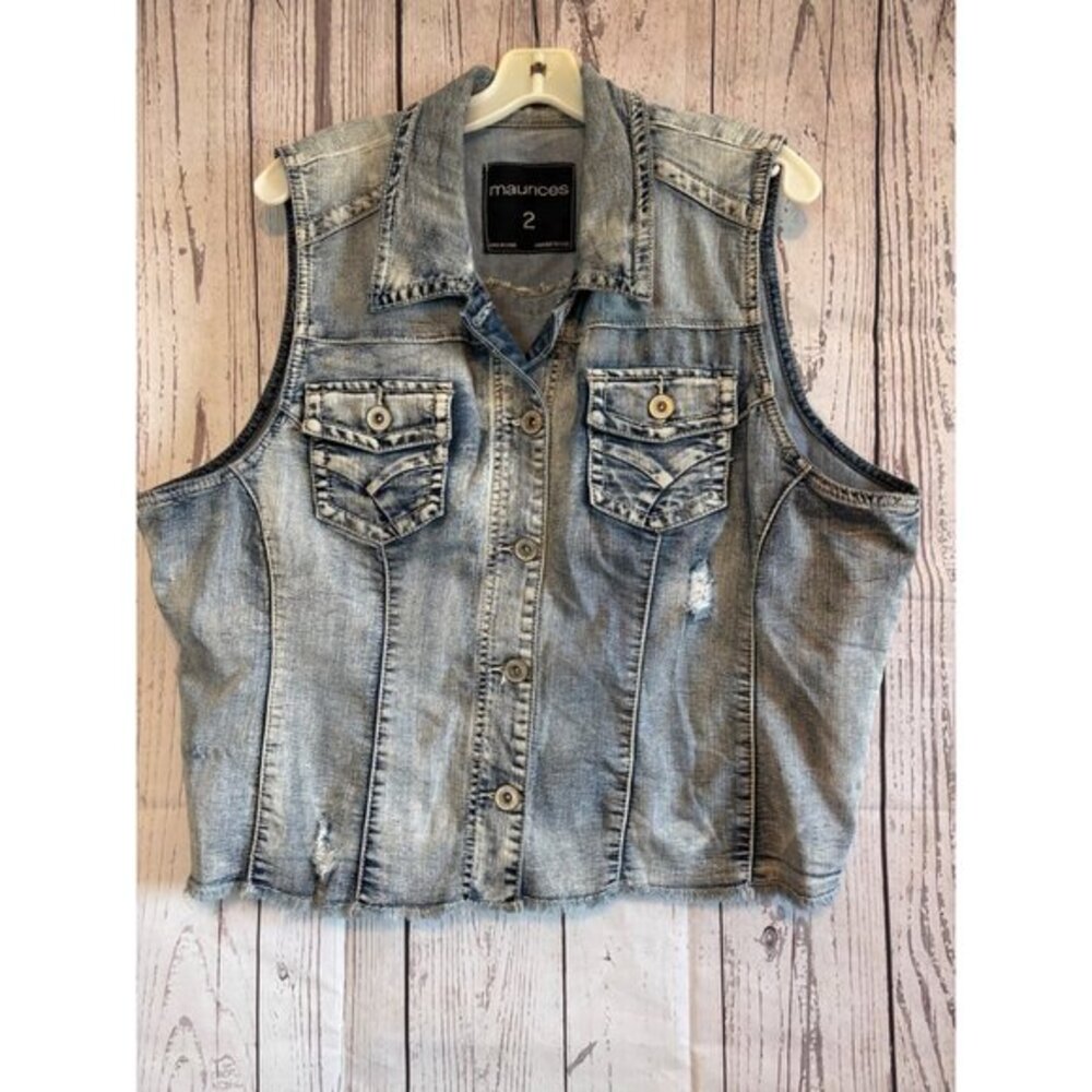 Maurices Distressed Stylish Pocket Stone Washed Button Denim Vest Plus Size 2XL